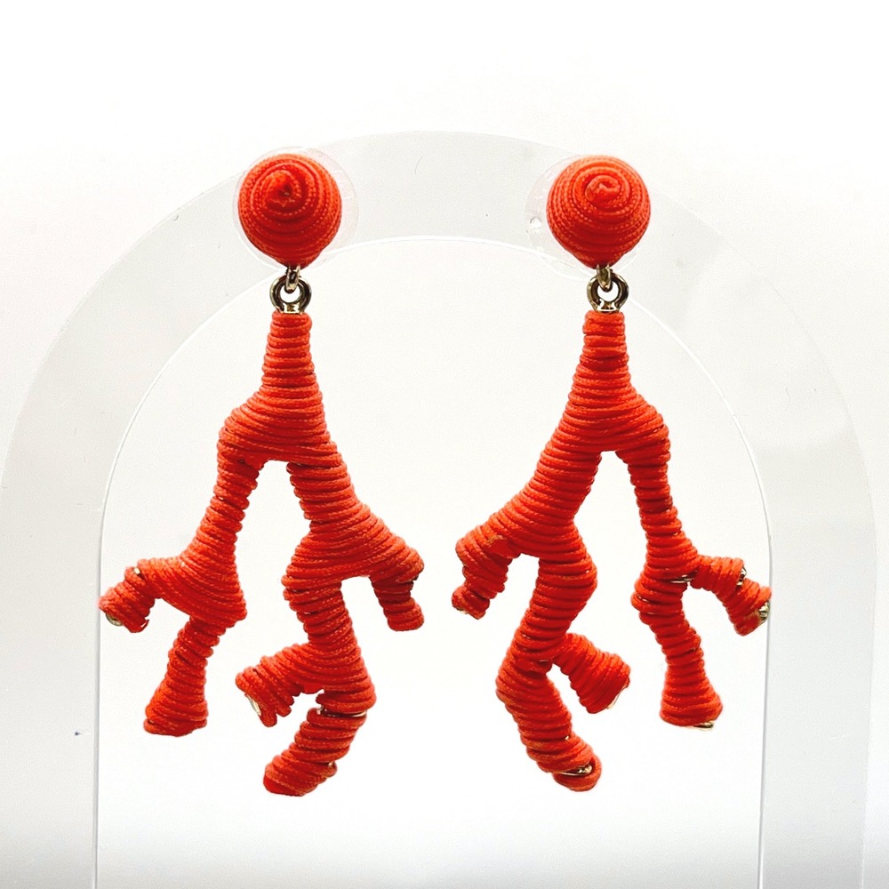 Coral Thread Wrapped Coral Branch Drop Earrings Gold Tone Accents 2.5 Inch